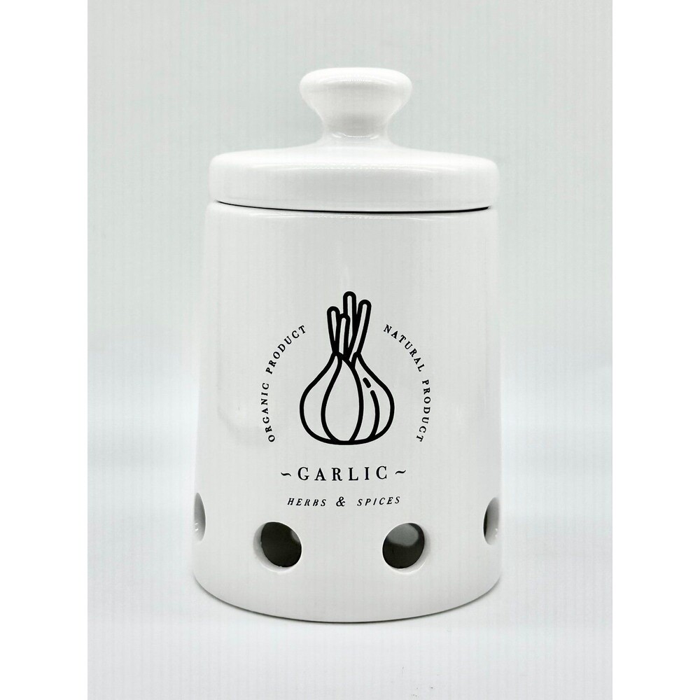White and Black Ceramic Lidded Garlic Keeper Canister Storage Jar